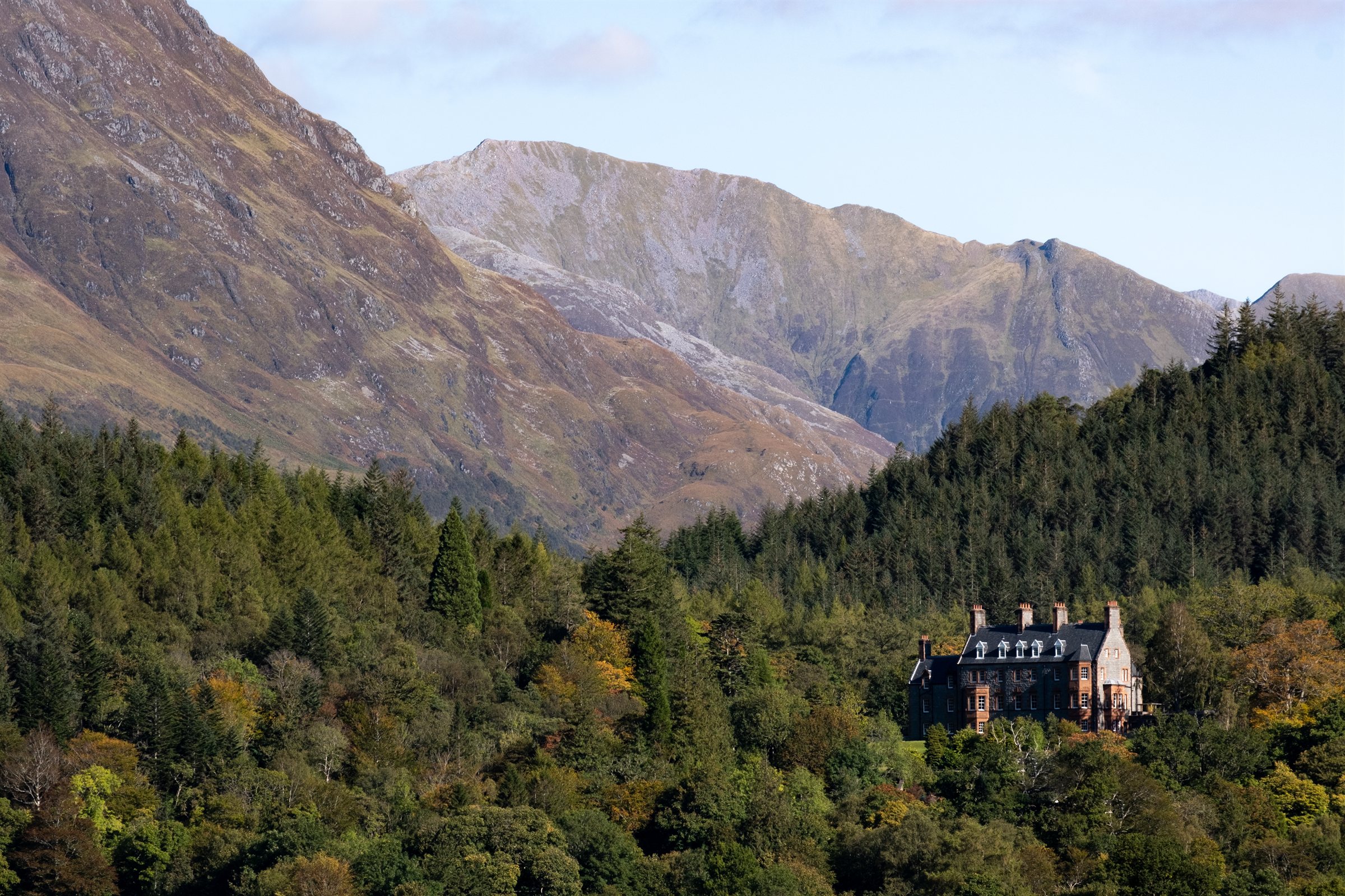 A house among pines beneath steep green mountains