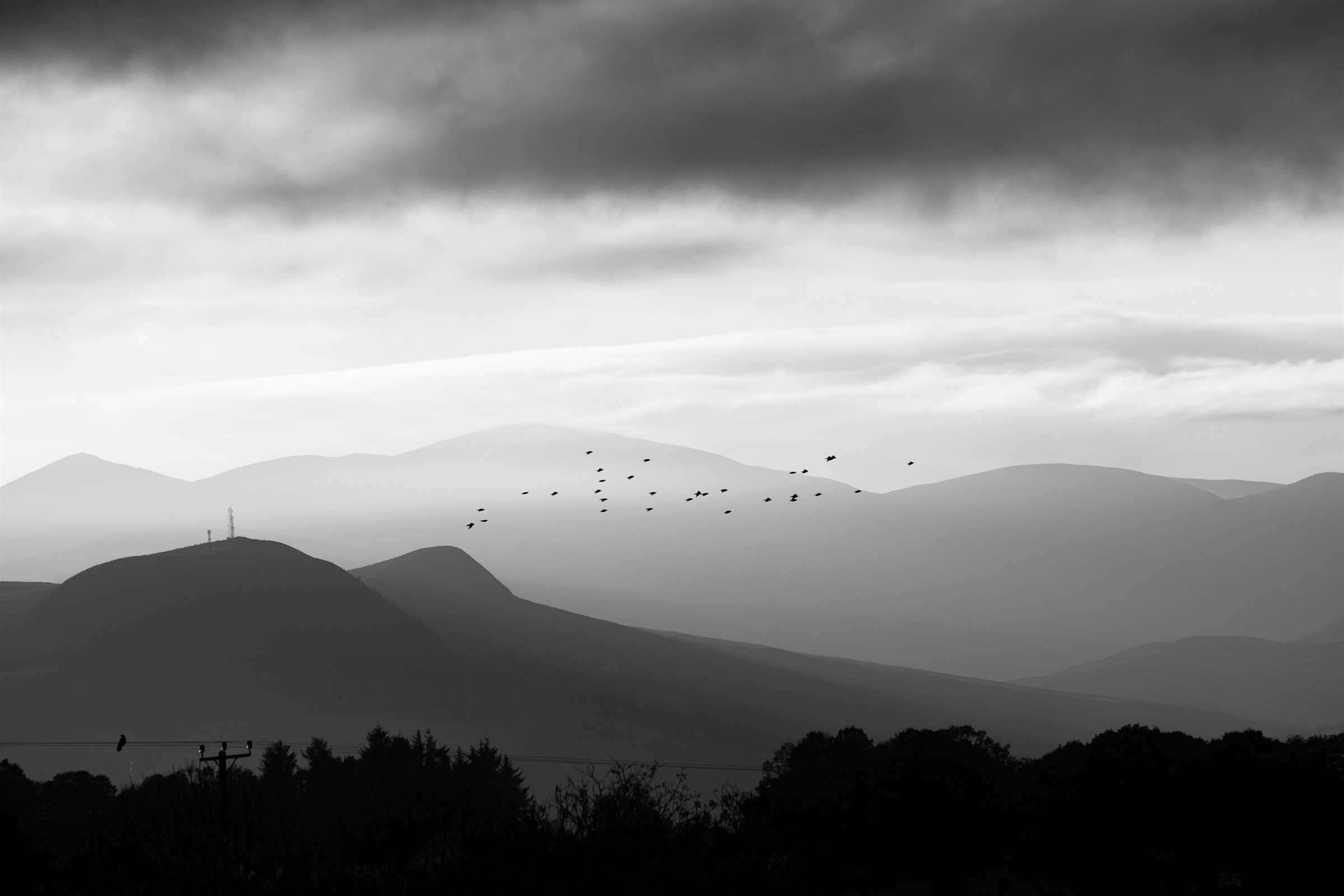 Layers of hazy hills under cloud, a flock of birds above