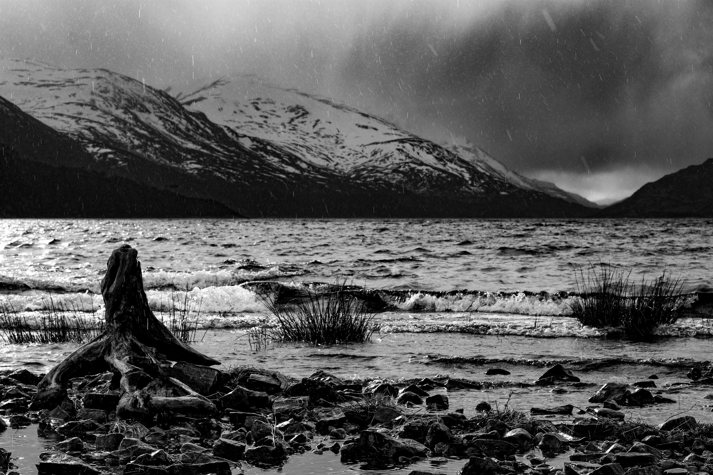 A tree stump on the shore of a wind-ruffled loch below snowy mountains