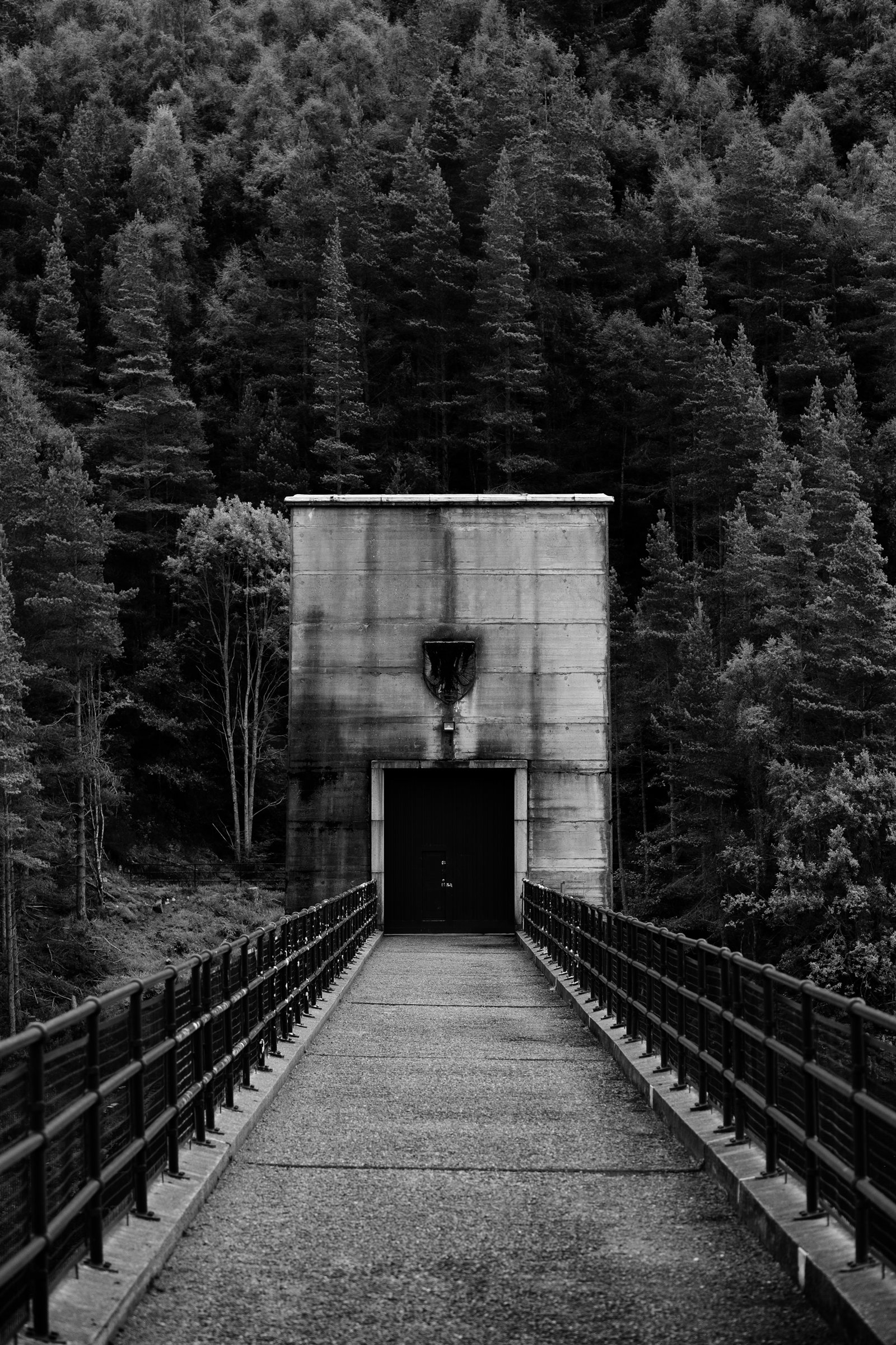 A walkway leading to a concrete dam tower among dark pines