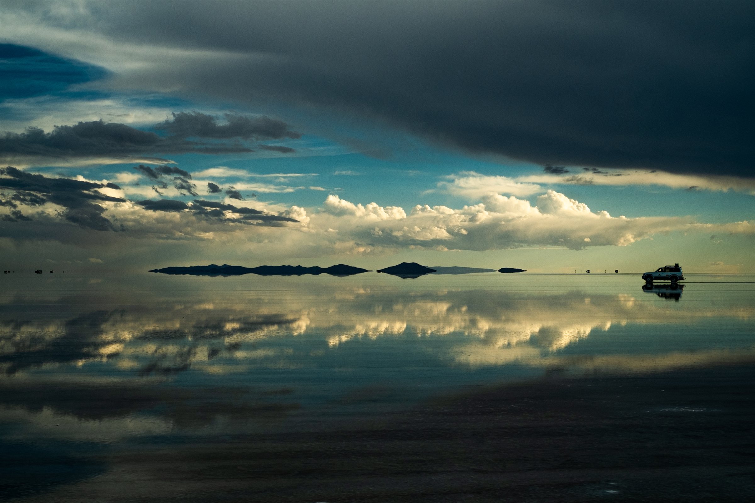 Dusk light reflected on the flooded salt flats