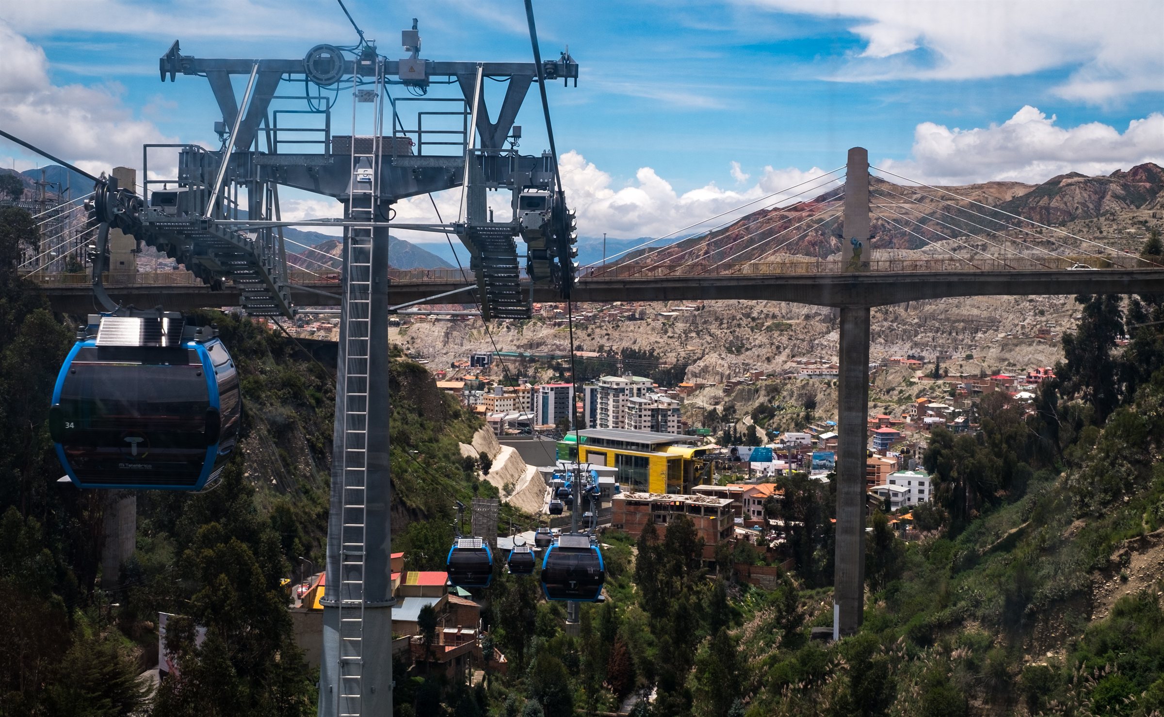 Cable cars gliding above La Paz towards the mountains