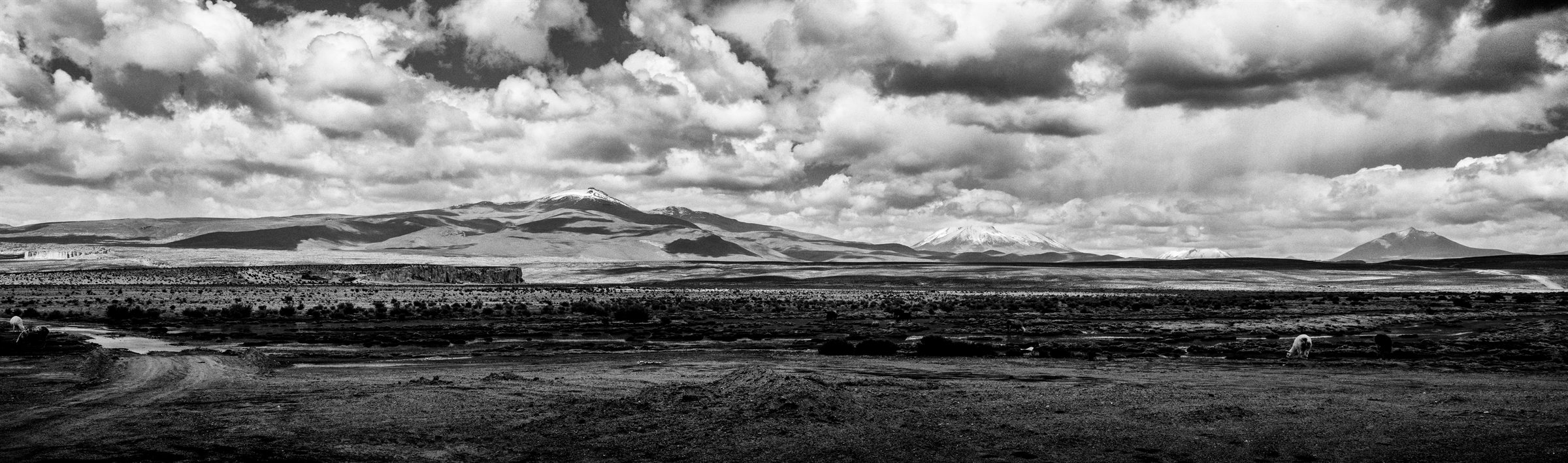 The high plain stretching to the mountains under heaped cloud
