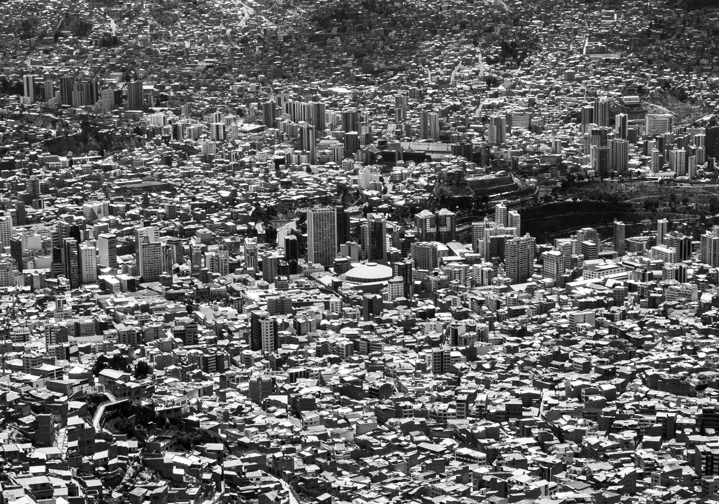 The dense streets and towers of La Paz from above