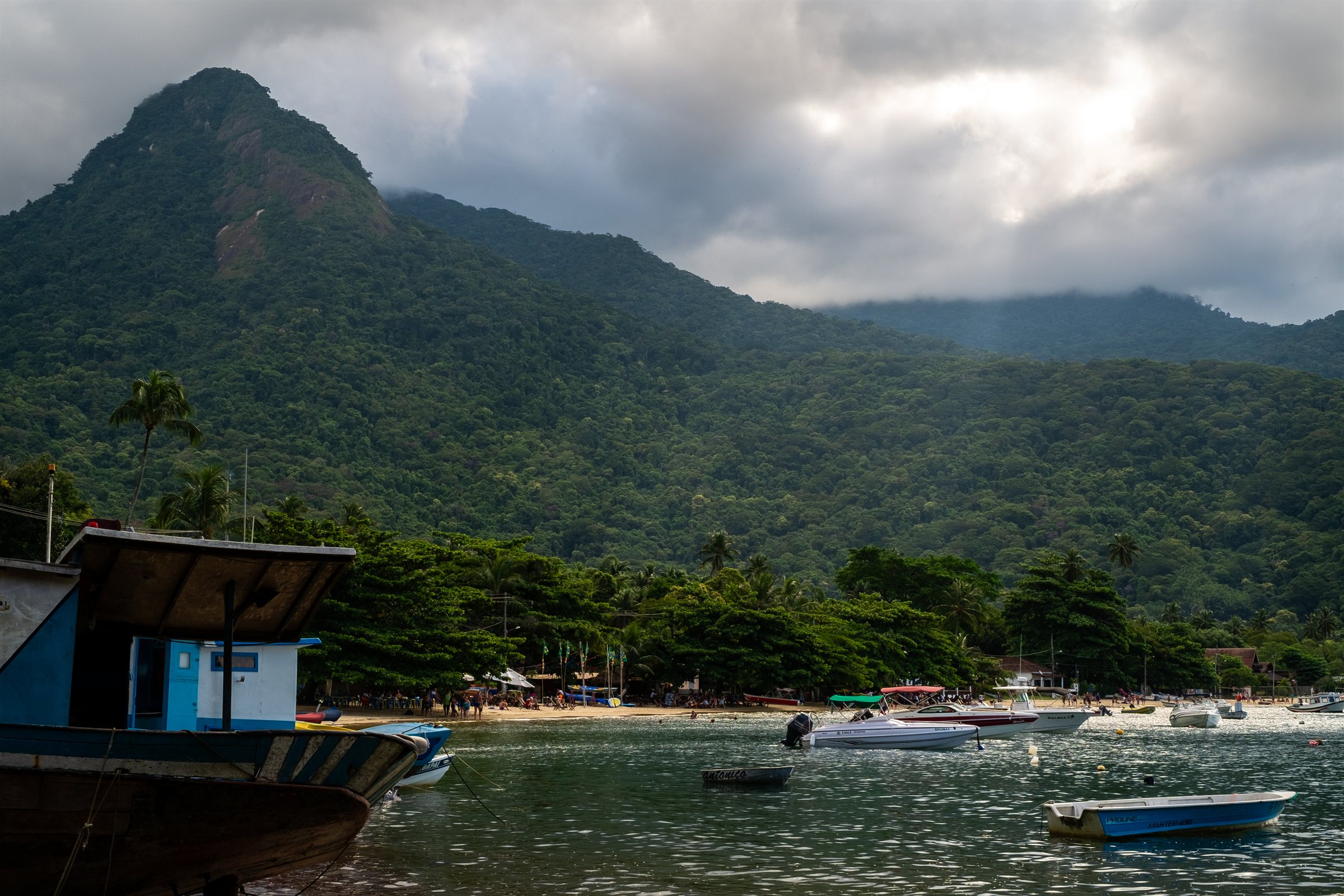 Boats in a bay beneath a forested mountain