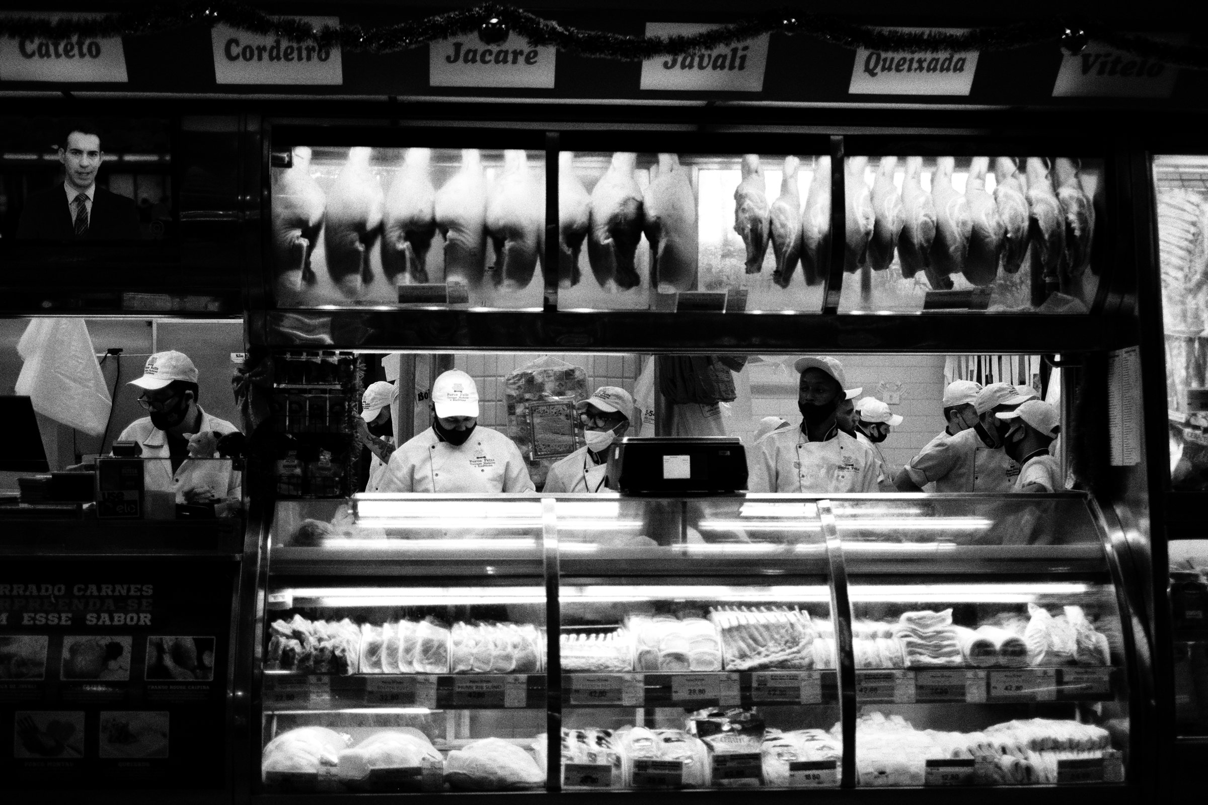A food stall lit up at night